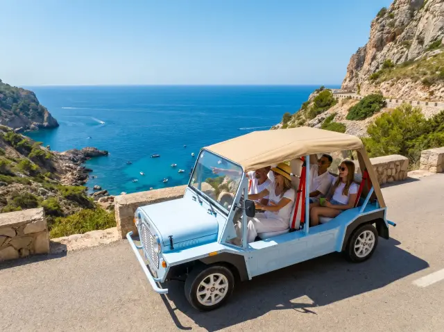 Kate Moke tour on Ibiza cliff road with panoramic sea views — Retro Rides