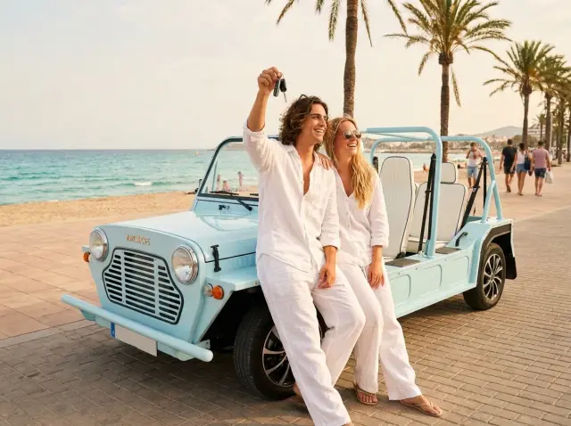 Kate beach car rental at scenic Ibiza lookout — Retro Rides Playa d'en Bossa