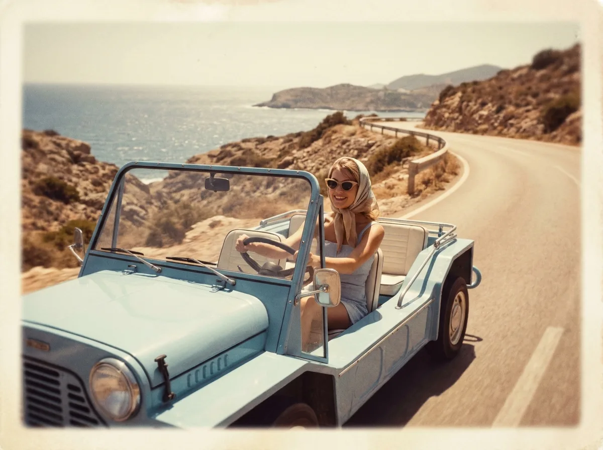 Gele elektrische strandauto geparkeerd aan zee, Ibiza — Retro Rides lifestyle-moment