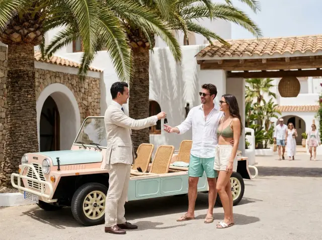 Hotelgasten ontvangen sleutels van elektrische vintage strandauto bij Ibiza-boutiquehotel — Retro Rides