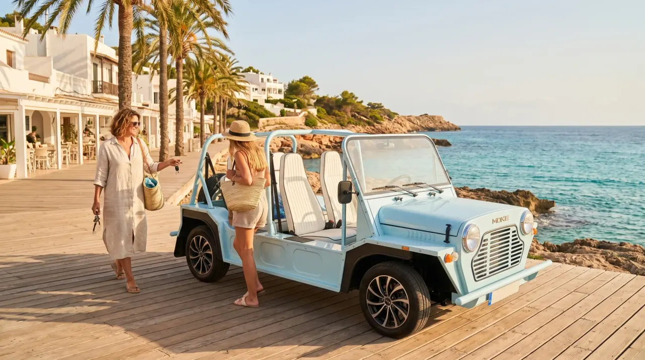 Light blue Kate electric beach car daily rental on Ibiza boardwalk — friends ready for self-drive adventure, Retro Rides