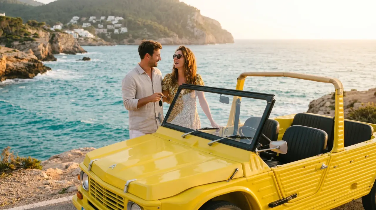 Bright yellow electric Mehari self-drive daily rental at Ibiza coastal viewpoint — couple ready to explore, Retro Rides