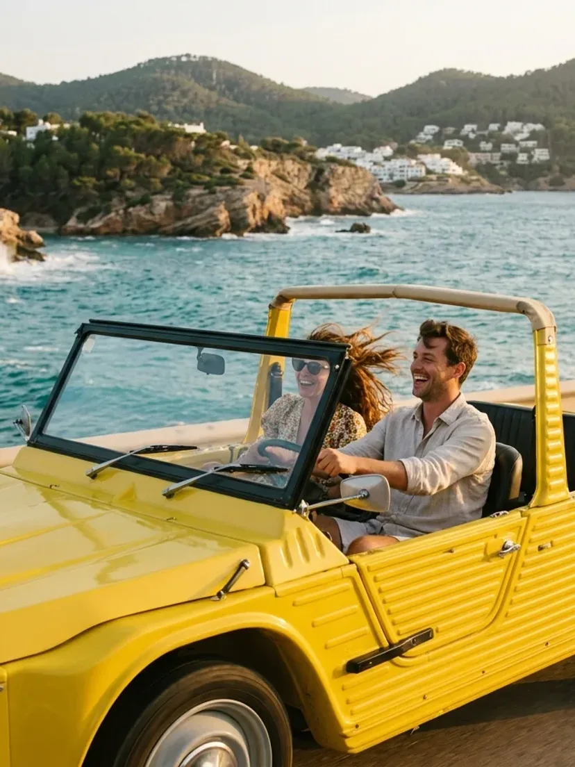 Elektrische Citroën Mehari dagverhuur in Ibiza — zelf rijdende open-top vintage auto Retro Rides