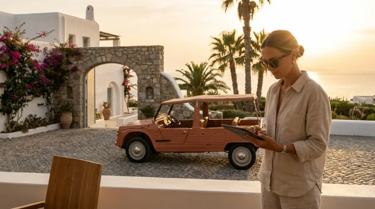 Hotelconcierge in Ibiza bekijkt elektrische vintage autotour beschikbaarheid op tablet — Retro Rides partnerprogramma