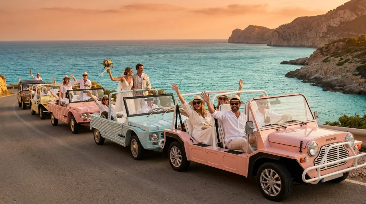 Elektrische vintage Mehari- en Kate-konvooi op kustweg Ibiza voor privé-events — Retro Rides Ibiza