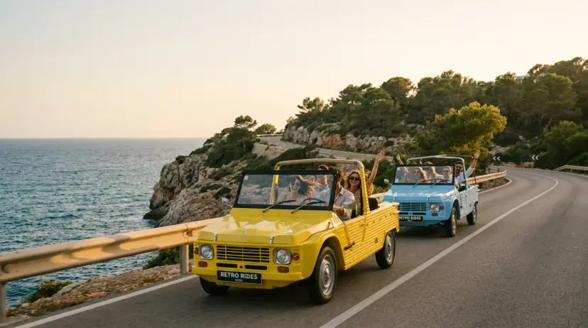 Yellow electric Mehari and light blue Kate beach cars in convoy on Ibiza coastal cliff road at golden hour — Retro Rides guided tours