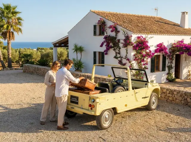 Elektrische Mehari geleverd bij luxe Ibiza-villa voor gastenverhuur — Retro Rides